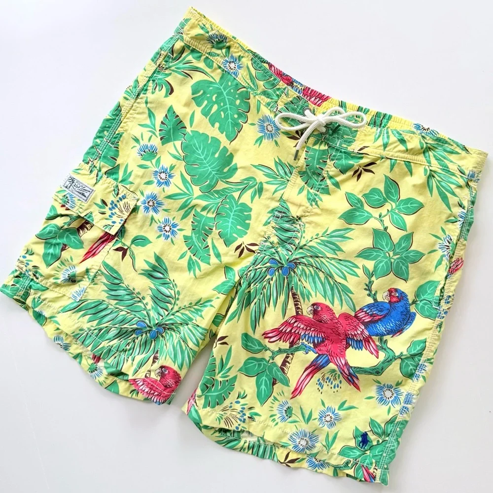 Vintage Polo Ralph Lauren Yellow Tropical Parrot Print Swim Trunks Size M